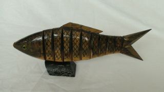 Articulated Carved Wooden Fish 11 - 1/2 Inches On A Stand