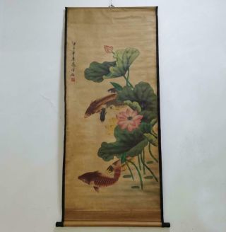 Fine Chinese Hand Painted Painting Fish Scroll Qi Baishi (k109)
