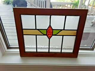 Antique Vintage Leaded Stained Glass Window In Oak Frame Arts & Crafts