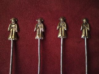 Antique Chinese Silver Gold Gilded Set Of Four Spoon Figure Finial With Fans