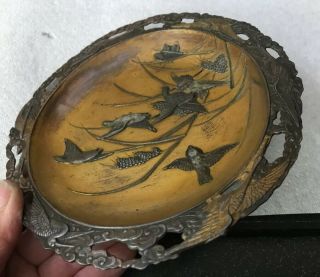Antique Japanese Birds Shakudo Kozuka Samurai Mixed Metal Gold Gilt Dish Plate
