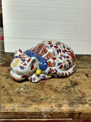 Vintage Cat Figurine Ceramic Chinese Red Blue Yellow Sleeping Asian Hand Painted