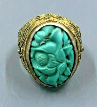 Chinese Art Deco Silver Filigree Carved Turquoise Ring 1920s - Adjustable Shank