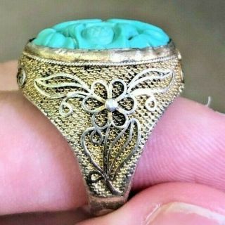 Chinese Art Deco Silver filigree carved turquoise ring 1920s - Adjustable Shank 2