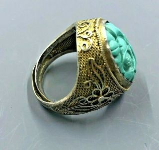 Chinese Art Deco Silver filigree carved turquoise ring 1920s - Adjustable Shank 3