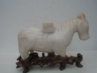 Awesome Large Chinese White Jadeite Horse Sculpture With Carved Wooden Stand Wow