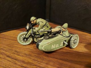 Vintage Wind Up Marx? Tin Military Motorcycle With Rider And Gun Japan