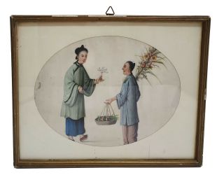 Antique Chinese Framed Watercolor On Rice Paper - 2 Women With Flowers