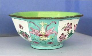 Antique Chinese Canton Enamel on Copper Octagonal Bowl Flowers,  Lotus Scrollwork 2
