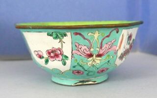 Antique Chinese Canton Enamel on Copper Octagonal Bowl Flowers,  Lotus Scrollwork 3