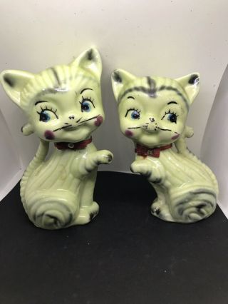 Vintage Pair Ceramic Kitty Cats Figurines Unmarked 6” Tall