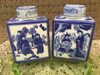 Chinese Porcelain Tea Caddy Hand Painted Set Of Two