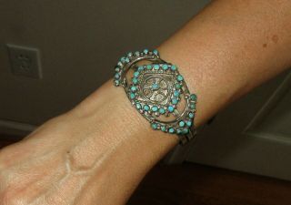 Vintage Early American Indian Navajo Silver Turquoise Petit Point Cuff Bracelet