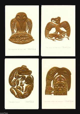 4 Bill Reid Haida - Art Cards - Embossed Gold Raven Bear Eagle Frog