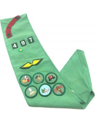 Vintage Girl Scout Green Sash 1960 Gs Usa Patches Badges Pins Erie Shores