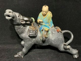 Chinese Antique Vintage Statue Of Child Sitting On Ox Figure