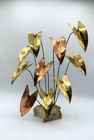 Vintage Mcm Curtis Jere Era Brass Copper Leaves Art Sculpture - Signed