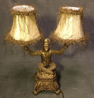 Vintage Monkey Bellhop Double Light Table Lamp Gold Tasseled Shades