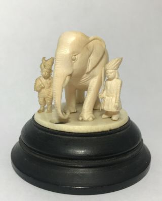 Antique Vintage Chinese ?signed Elephant Bovine Bone Carving W / Wood Base
