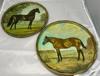 Vintage 2 Horse 11” Wide Jeanne Mellin 1966 Round Metal Tray Plates