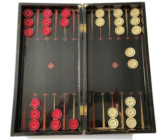 Antique Chinese Chess Backgammon Board Set Lacquer Counters Carved Design
