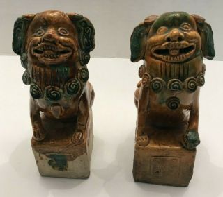 Two " 8 Chinese Antique Terracotta Foo Dog/lion Figures Or Tiles