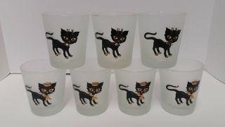 Vintage Libbey Black And Gold Trim Cat Frosted Cocktail Glasses Set Of 7