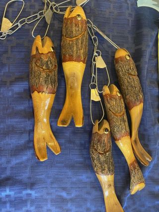 Hand Carved Set Of Five Wood Fish Trout On Stringer