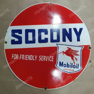 Socony Mobil Friendly Vintage Porcelain Sign 30 Inches Round