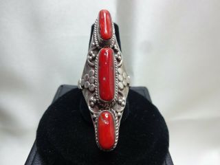 Vintage Custom Made Sterling Silver Ring With Red Coral Accents V/g Cond.  Size 8