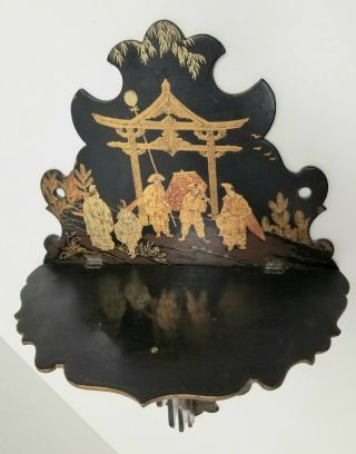 Large Paper Mache Wall Shelf,  Blk Lacquer W/ Chinoiseries Decor (fr)
