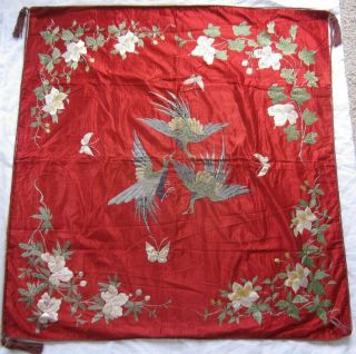 Antique Qing Chinese Red Silk Embroidered Large Panel 3 Flying Cranes & Flowers