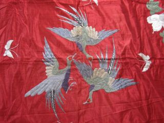 Antique QING Chinese red silk embroidered large panel 3 flying cranes & flowers 2