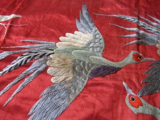 Antique QING Chinese red silk embroidered large panel 3 flying cranes & flowers 3