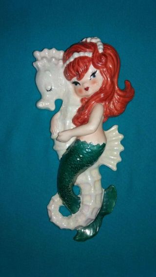Lefton Vintage Ceramic Redhead Mermaid On Seahorse,  Wall Plaque,  Not Norcrest