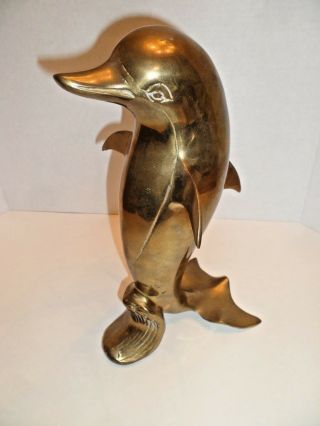 Vintage 11 1/2 " Tall Brass Dolphin Standing Sculpture Statue Nautical - 3 Lbs