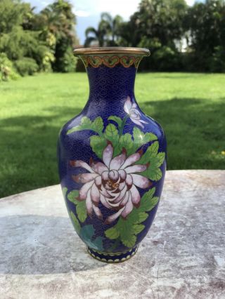 Vintage Chinese Blue Ground Cloisonne Vase With Flower Design 8 Inches Tall