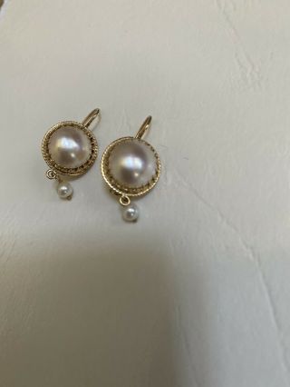 Very Pretty Vintage Mabe Pearl Drop Earrings,  14k Gold,  Fine