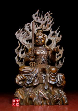 7 " Old Tibetan Buddhism Boxwood Wood Carved Fudo Myo - O Acalanatha Buddha Statue