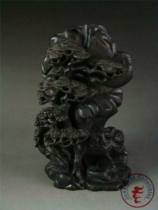 Antique Old Chinese Rosewood Carved Mountain Statue Figure Under Pine Trees