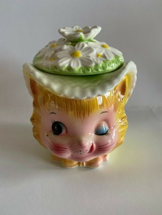 Vintage Cat - Kitten Winking Eye Figurine Container Ceramic/porcelain