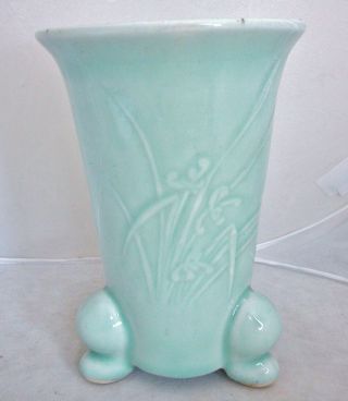 7.  75 " Vintage Japanese Celadon Green Glazed Planter / Vase With Iris Flowers