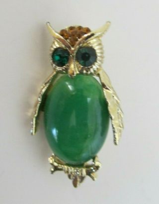 Green Owl Pin Brooch Green Stone Gold Vintage Jelly Belly Shaped