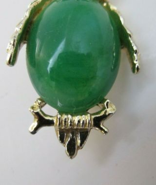 Green Owl Pin brooch Green stone gold Vintage jelly belly shaped 2