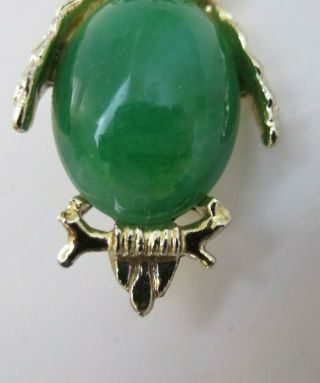 Green Owl Pin brooch Green stone gold Vintage jelly belly shaped 3