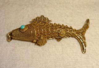 Vintage Sterling Silver Filigree Articulated Fish Pendant Turquoise Eyes