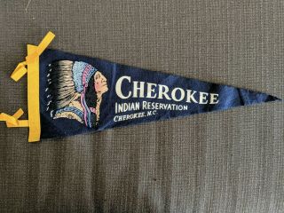 Vintage 40s 50s Cherokee Indian Reservation Felt Pennant 17.  5 In Blue Yellow