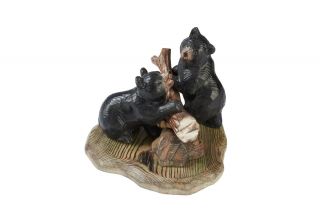 Black Bears With Log Wood Carving Sculpture Cabin Rustic Decor