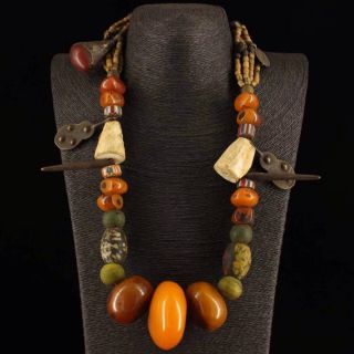Chinese Antique Tibetan Custom Beeswax Animal Bones Multi - Treasure Necklace