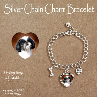 Shih Tzu Japanese Chin Dog Shih - Chin - Charm Bracelet Silver Chain & Heart